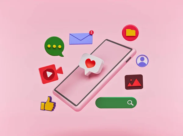 Akıllı telefonlu modern sosyal ağ simgeleri. Sosyal medya reklamcılığı ve pazarlaması için soyut renkli tasarım. Teknoloji konsepti 3d oluşturma