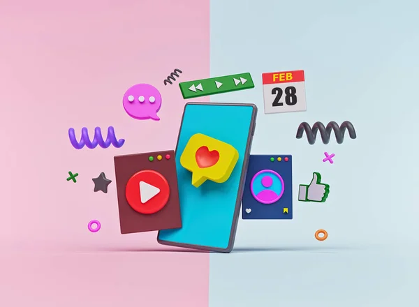 Akıllı telefon uygulamaları simgeleriyle soyut renkli arkaplan. Modern teknoloji kavramı. 3d oluşturma