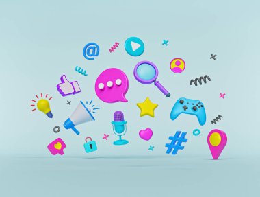 Soyut modern moda renkli sosyal medya ve teknoloji ikonları. 3d oluşturma