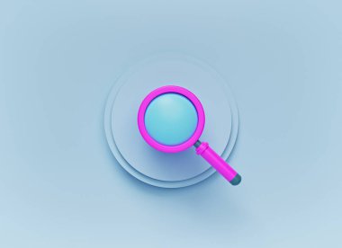 Pastel mavi arka planda çizgi film tarzı büyüteç ikonu. Ara, bul ve kavramı keşfet. 3d oluşturma