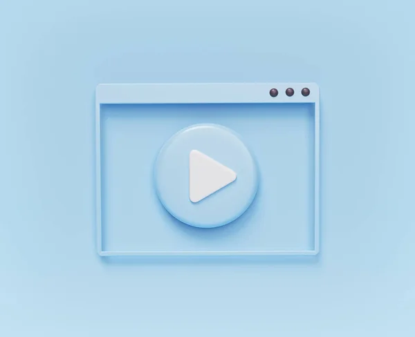 Pastel mavi arkaplan üzerinde oynatma düğmesi olan minimal video oynatıcı penceresi. 3d oluşturma