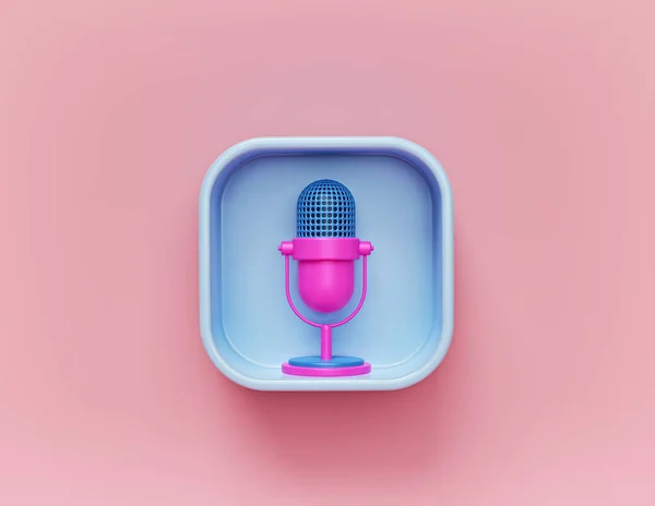 Retro mikrofon simgesi. Podcast konsepti, ses kaydı, çeviri. Minimum tasarım. 3d oluşturma