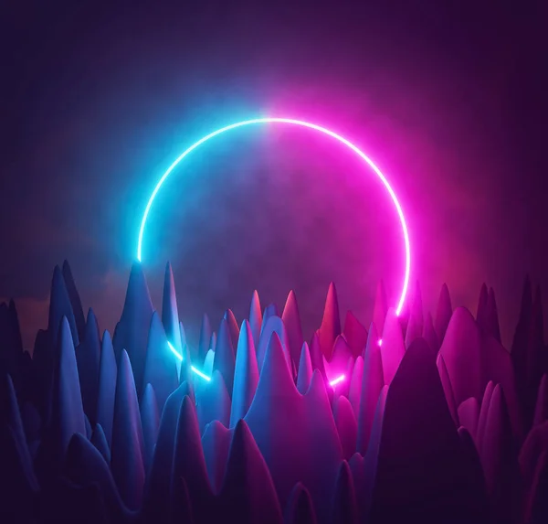 Fütürist soyut arka plan, parlayan mavi ve pembe neon ışıklar, sanal gerçeklik, enerji kaynağı, karanlık gece. Reklam için tasarım. 3d oluşturma