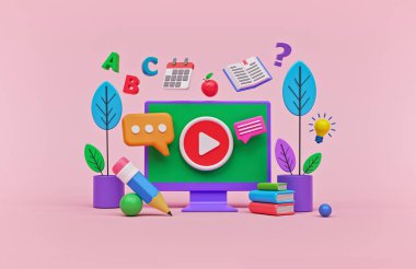 İnternet sitesi afişi, sunumu, poster ve reklam için çevrimiçi eğitim konsepti tasarımı. 3d oluşturma