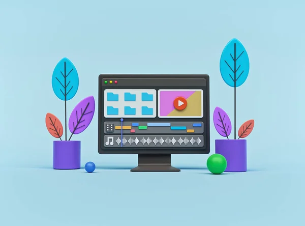 Bilgisayar ekranında video düzenleyici yazılım uygulaması. Çizgi film tarzı minimum tasarım. 3d oluşturma