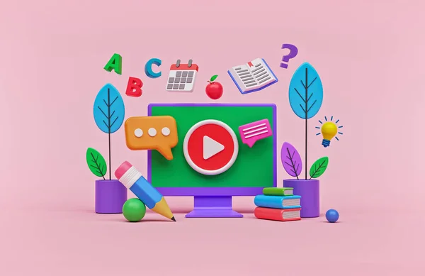 İnternet sitesi afişi, sunumu, poster ve reklam için çevrimiçi eğitim konsepti tasarımı. 3d oluşturma