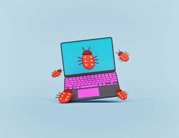 laptop with software bugs. minimal technology design isolated. 3d rendering