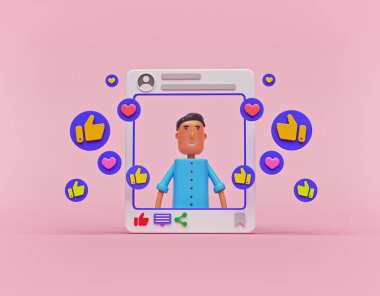 çizgi film stili sosyal medya etkileyicisi konsepti. Dijital pazarlama, promosyon, reklamcılık için minimum tasarım, pastel pembe arka planda izole edilmiş takipçilerle yakınlaşma. 3d oluşturma