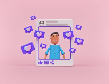 çizgi film stili sosyal medya etkileyicisi konsepti. Dijital pazarlama, promosyon, reklamcılık için minimum tasarım, pastel pembe arka planda izole edilmiş takipçilerle yakınlaşma. 3d oluşturma
