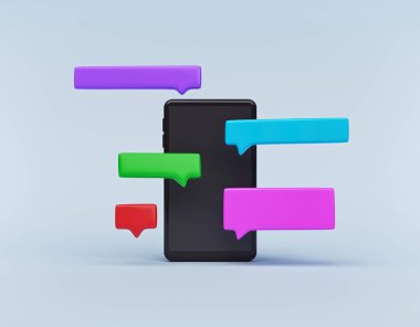 Boş sohbet balonları ve pastel mavi arka planda izole akıllı telefon. Sosyal medya mesajları, SMS, yorumlar. En az stil. 3d oluşturma