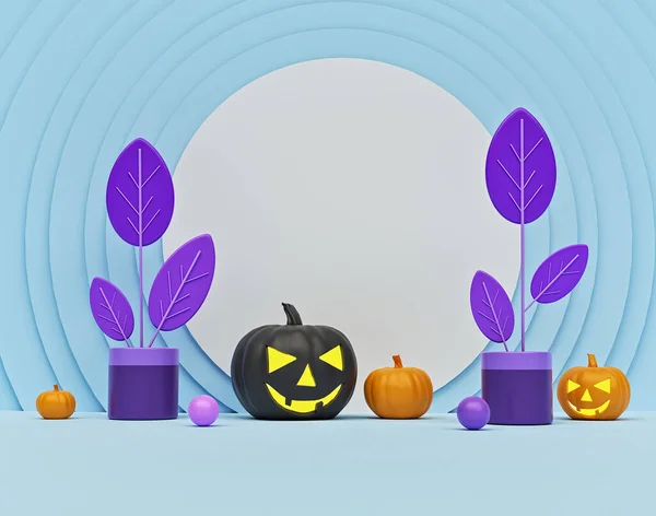 Halloween pumpkins in abstract background. minimal holiday banner with copy space. 3d rendering