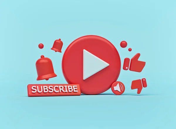 Video oynatma düğmesi, abone ve çan simgesi. Asgari sosyal medya tanıtım tasarımı. 3d oluşturma