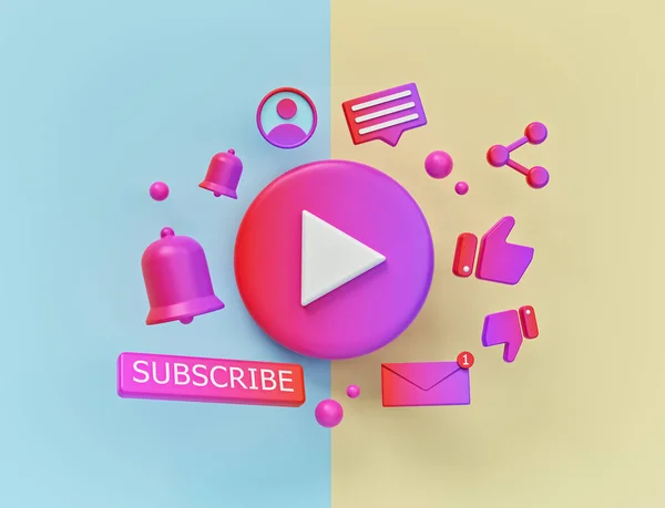 Video oynatma düğmesi, abone ve çan simgesi. Asgari sosyal medya tanıtım tasarımı. 3d oluşturma