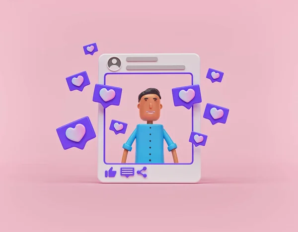 çizgi film stili sosyal medya etkileyicisi konsepti. Dijital pazarlama, promosyon, reklamcılık için minimum tasarım, pastel pembe arka planda izole edilmiş takipçilerle yakınlaşma. 3d oluşturma