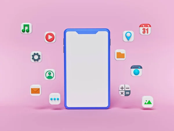 Modern asgari tasarım. Renkli üç boyutlu uygulama simgelerine sahip akıllı telefon. 3d oluşturma