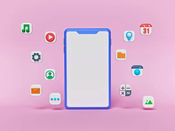 Design Mínimo Moderno Smartphone Com Ícones Coloridos Aplicativos Tridimensionais Renderização — Fotografia de Stock