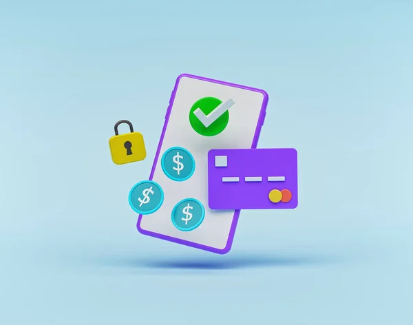 mobil ödeme, online kart ödemesi, dijital para transferi konsepti. Minimum tasarım. 3d oluşturma