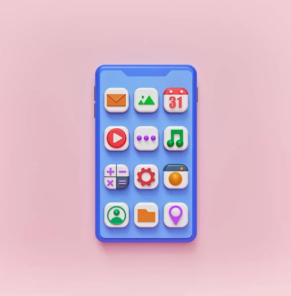 Diseño Minimalista Moderno Smartphone Con Coloridos Iconos Aplicaciones Tridimensionales Renderizado Imagen de archivo