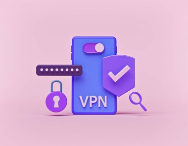 Akıllı telefondan VPN servisi. Sanal Özel Ağ. Güvenli ağ bağlantısı ve gizlilik koruması kavramı. 3d oluşturma
