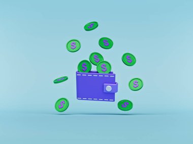 Düşen bozuk paralarla izole edilmiş karikatür tarzı cüzdan. Minimum tasarım. 3d oluşturma