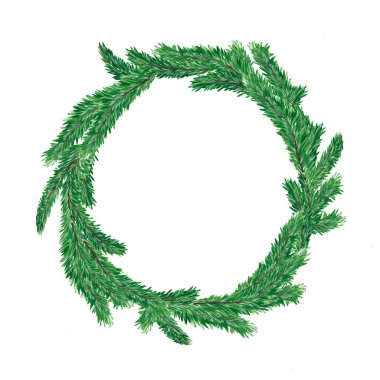 Yeşil Noel çelengi. Çam dalları. Suluboya çizimleri. Beyaz arka planda izole edilmiş. Yeni Yıl tebrik kartları için şablon.