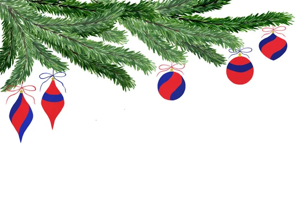 水彩缤纷的枝条绿油油的圣诞树，五彩缤纷的新年蓝红相间的玩具衬托在白色的背景上。假日装饰。班纳案文的位置. — 图库照片