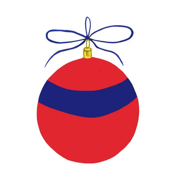 Giocattolo dell'albero di Natale. Il simbolo del nuovo anno. Rosso con palla blu, con fiocco, isolato su fondo bianco. Illustrazione ad acquerello. Icona. Elemento per la progettazione di cartoline. — Foto Stock