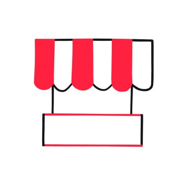 Dükkan, kafe, sokak restoranı ve market için yan rafları olan kırmızı ve beyaz çizgili bir kubbe. Simge, reklam, sergi, ticaret için şablon. Çadır, mobil çadır. Suluboya çizimi.