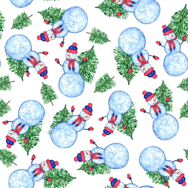 Winter seamless ornament pattern with snowman and Christmas tree. Background for the design of New Years packaging, printing on fabric. Watercolor illustration. —  Fotos de Stock