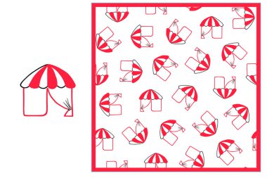Set of Bright Icons and Seamless Patterns with Red and White Canopies. Watercolor illustration. Tent, market stall, circus tent with a dome.
