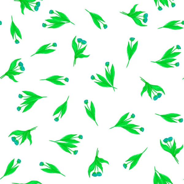 Nahtloses botanisches Muster mit blauen Aquarellblüten und leuchtend grünen Blättern auf weißem Hintergrund. Handgefertigte Illustrationen für Postkarten, Tapeten, Schreibwaren, Stoffe, Verpackungen. — Stockfoto