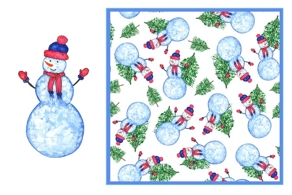 Set - Hombre de nieve en un sombrero y bufanda sobre un fondo blanco y un patrón sin costuras con un árbol de Navidad verde y un muñeco de nieve. Ilustración en acuarela. Elementos para postales de diseño, embalaje —  Fotos de Stock