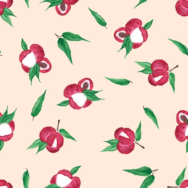 Fantasia senza cuciture con frutti bordeaux e foglie di litchi verdi su uno sfondo delicato beige e rosa. Illustrazioni ad acquerello. Per la stampa su tessuto, imballaggio. — Foto Stock