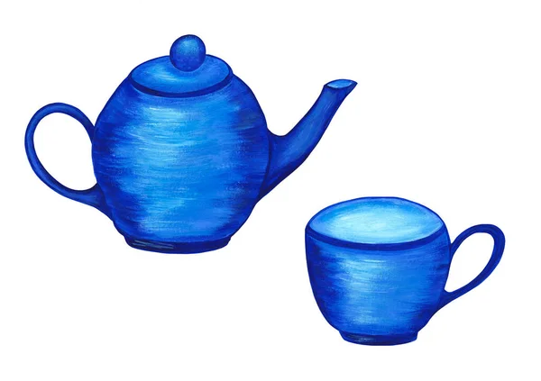 Conjunto Chá Azul Conjunto Utensílios Cozinha Brilhantes Bule Xícara Cerâmica — Fotografia de Stock