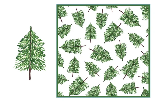 Set - Albero di Natale soffice verde su sfondo bianco e modello acquerello senza cuciture. Disegno a mano. Per il design del packaging, stampa su tessuto. Ecologia. Piante. — Foto Stock