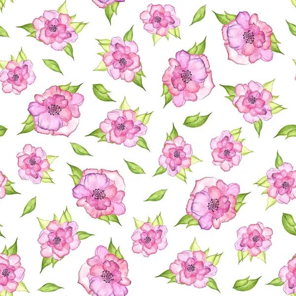 Безшовний Візерунок Рожевими Квітами Зеленим Листям Білому Тлі Акварельний Квітковий — стокове фото
