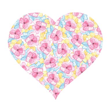 Beyaz arka planda pembe, mavi ve sarı suluboya çiçekleri olan kalp. Sevgililer Günü. Düğün kartları ve davetiyelerin tasarımı için bir unsur