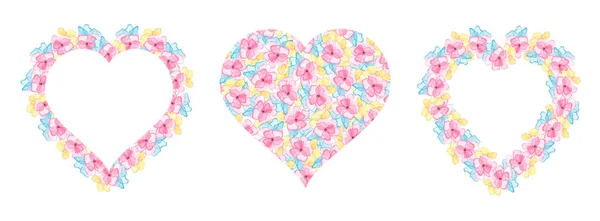 ハートの形をした多色の繊細な花を持つフレームのセット バレンタインデー 結婚式のためのデザインのための要素 水彩ピンク 黄色の花 — ストック写真