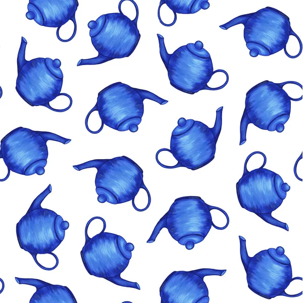 蓝色茶壶 盖在白色背景上 无缝图案 水彩画 用于菜单设计 织物印刷 — 图库照片