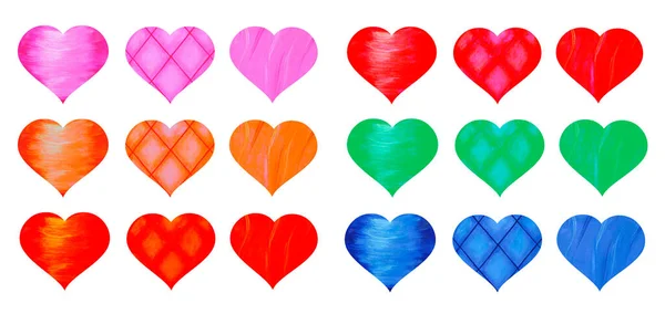 Set Colored Watercolor Hearts White Background Bright Red Pink Crimson — Stock Photo, Image