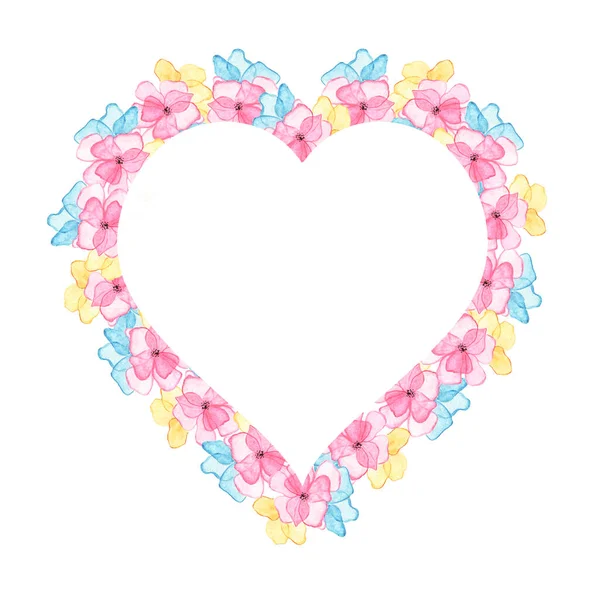 Kalp Şeklinde Çerçeve Suluboya Çiçek Buketiyle Çevrili Aşk Sembolü Yazı — Stok fotoğraf