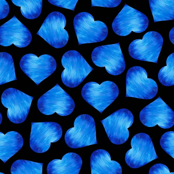 黒の背景にカラフルな青の心 シームレスなパターン 水彩イラスト パッケージ ポストカード アルバム 招待状のためのかわいい装飾 — ストック写真