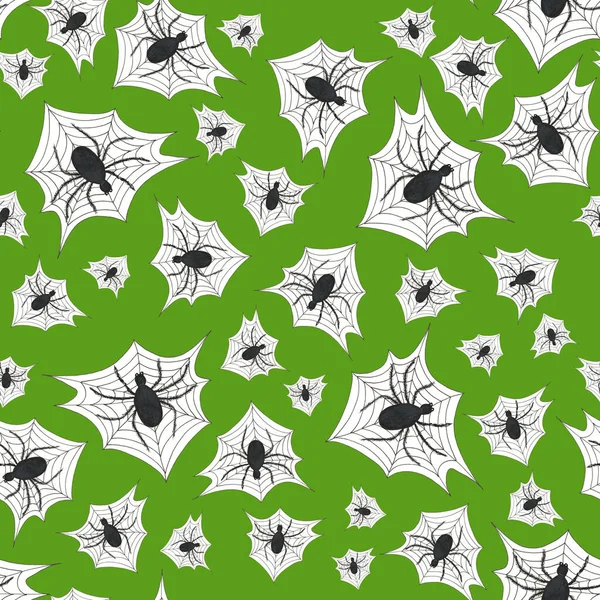 Schwarze Spinnen Auf Einem Netz Auf Grünem Hintergrund Nahtlose Muster — Stockfoto