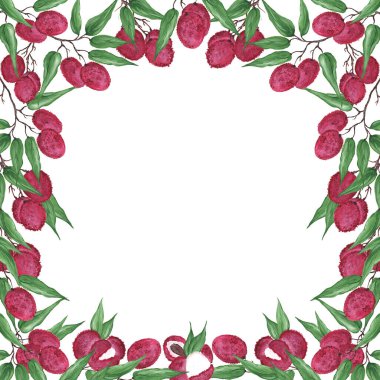 Beyaz arka planda yeşil yaprakları olan bir dalda parlak pembe yuvarlak lychee üzümleri olan çerçeve. Suluboya çizimi. Davetiyeler ve tebrik kartları için metin yeri olan şablon.