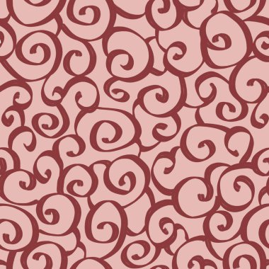 Kahverengi bukleler, bej ve pembe arka planda dalgalı çizgiler. Kusursuz suluboya deseni. Kahve gölgesinde kavisler ve daireler. Kumaş, duvar kağıdı tasarımı ve ambalaj üzerine baskı yapmak için.