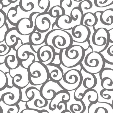 Gri bukleli kusursuz desen, beyaz arka planda elle çizilmiş spiral çizgiler. Suluboya çizimi. Kumaş ve ambalaj tasarımı üzerine baskı yapmak için.