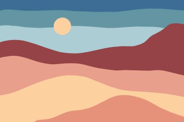 Soyut minimalist manzara. Kahverengi tepeler ve dağlar mavi gökyüzüne ve güneşe karşı. Yaratıcı doğal altyapı. El çizimi çizimi. Poster.