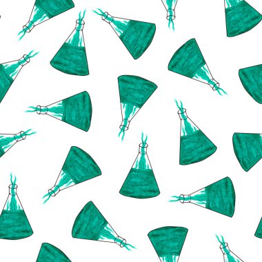 Zümrüt yeşili iksirli mataralar, solüsyon beyaz arka planda. Kusursuz desen. Kimya, reaksiyonlar, ilaç, simya, ilaç hazırlığı. Suluboya çizimi.