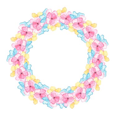 Mavi ve sarı yapraklı pembe suluboya çiçeklerden oluşan bir çelenk. El boyası, çiçek desenli yazı için yer. Davetiyeler için şablon, düğün kartları, Sevgililer Günü.