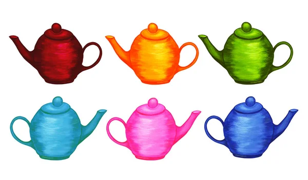 Kitchen Teapots Infuser Set Bright Multi Colored Dishes Watercolor Illustration — Stock Photo, Image